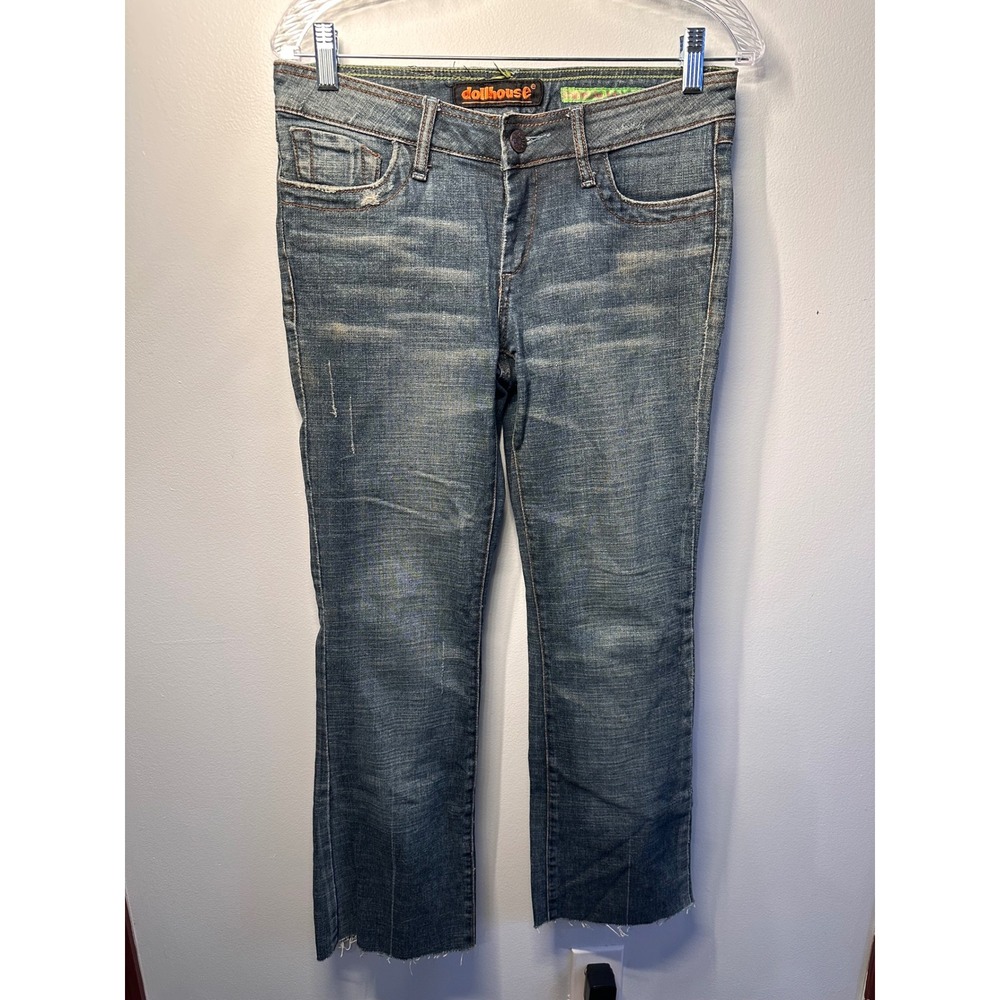 Dollhouse Womens Low Rise Bootcut Jeans Medium Wash Distressed Raw Hem Y2K